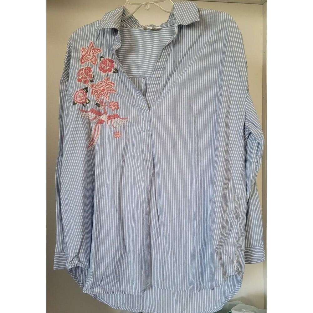 A:glow Womens Sz L Maternity Long Sleeve Split Neck Striped Top Blue White